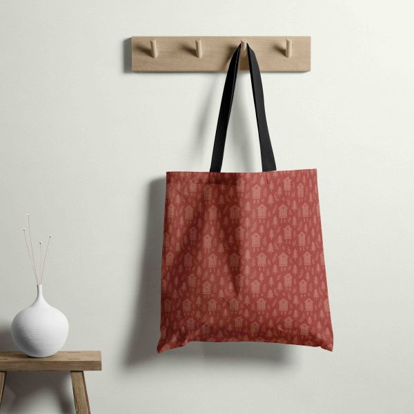 Stofftasche aus Schwarzwald Stoff mit Kuckucksuhr-Muster in Mono Rot.