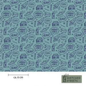 Sketched Streets Stoff mit Doodles – Blau