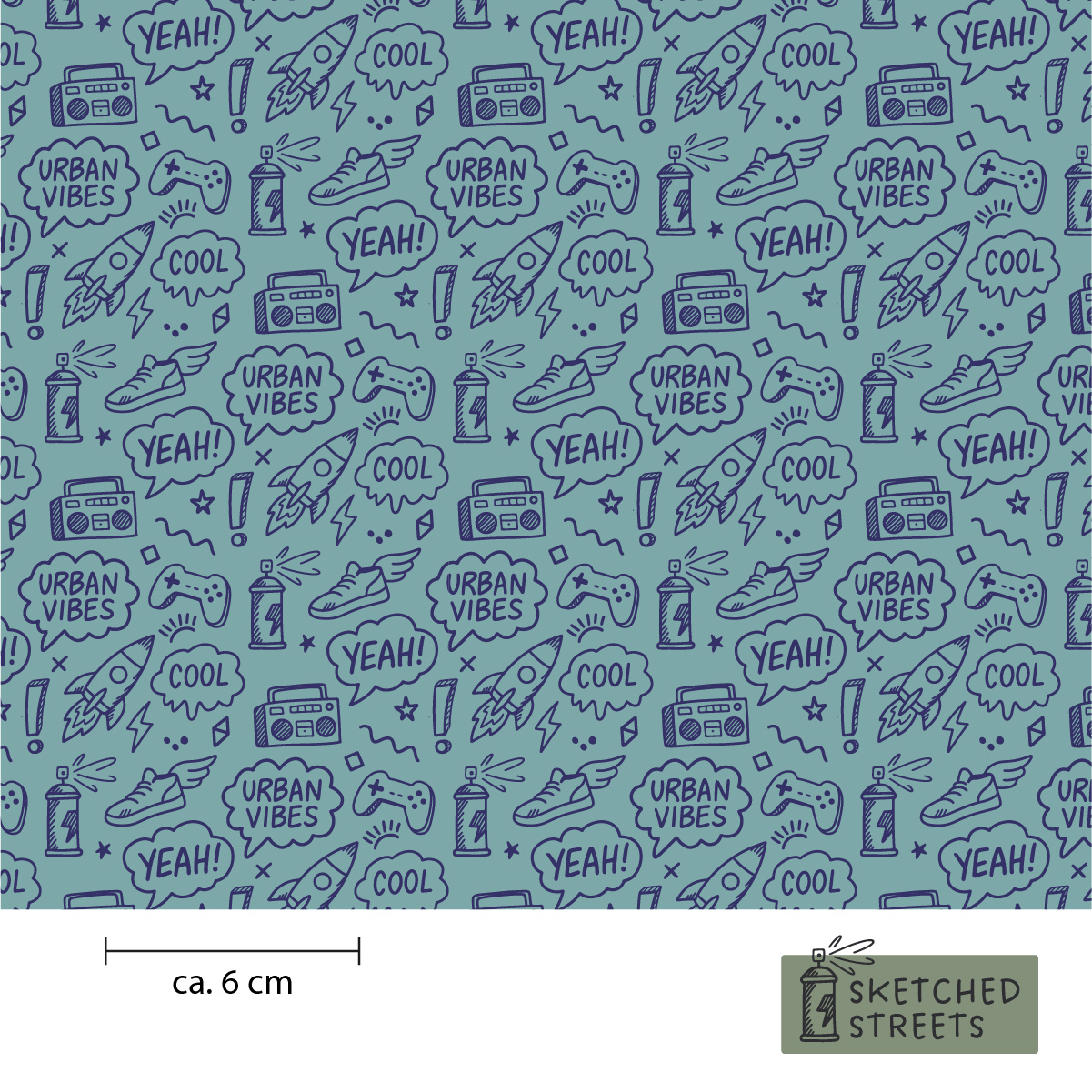 Sketched Streets Stoff mit Doodles – Blau