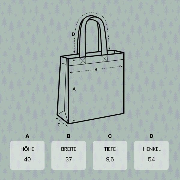 Maße der Schwarzwald Stofftasche mit Höhe, Breite, Tiefe und Henkellänge