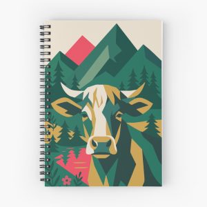 Spiralnotizbuch mit grafischer Kuh vor einer Berglandschaft