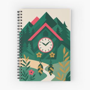 Spiralnotizbuch mit grafischer Kuckucksuhr und Berglandschaft