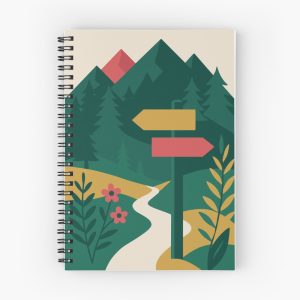 Spiralnotizbuch mit grafischem Schwarzwald-Wegweiser und Bergen